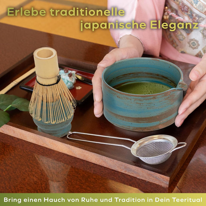 HIBINO Japanisches Matcha Set – Matcha Schale mit Ausguss, Matcha Besen & Halter, Bambus Löffel & Ed