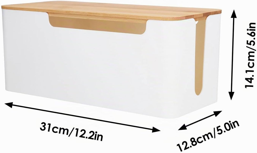 Kabelmanagement Box mit Holz Deckel, 31 x 14 x 12,8cm Weiss Kunststoff Kabelbox Schreibtisch Kabel O