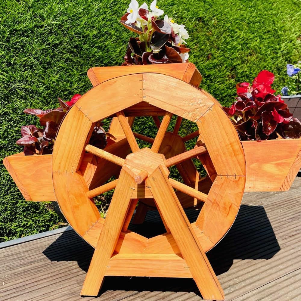 DARLUX Garten/Balkon Holz handgefertigte Blumentreppe Blumenrad 3er Blumenbank Braun Holzrad