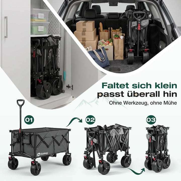Sekey XXL Plus Bollerwagen Faltbar mit Bremsen 200L 200KG Belastbar, Extra Breite Reifen All Terrain