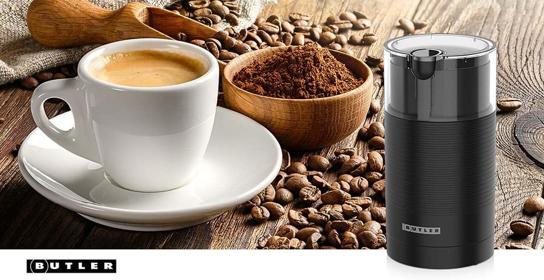 Butler Kaffeemühle - 150W Elektrische Kaffeemühle mit Edelstahlmahlwerk - 70g Mahlbehälter - Schwarz