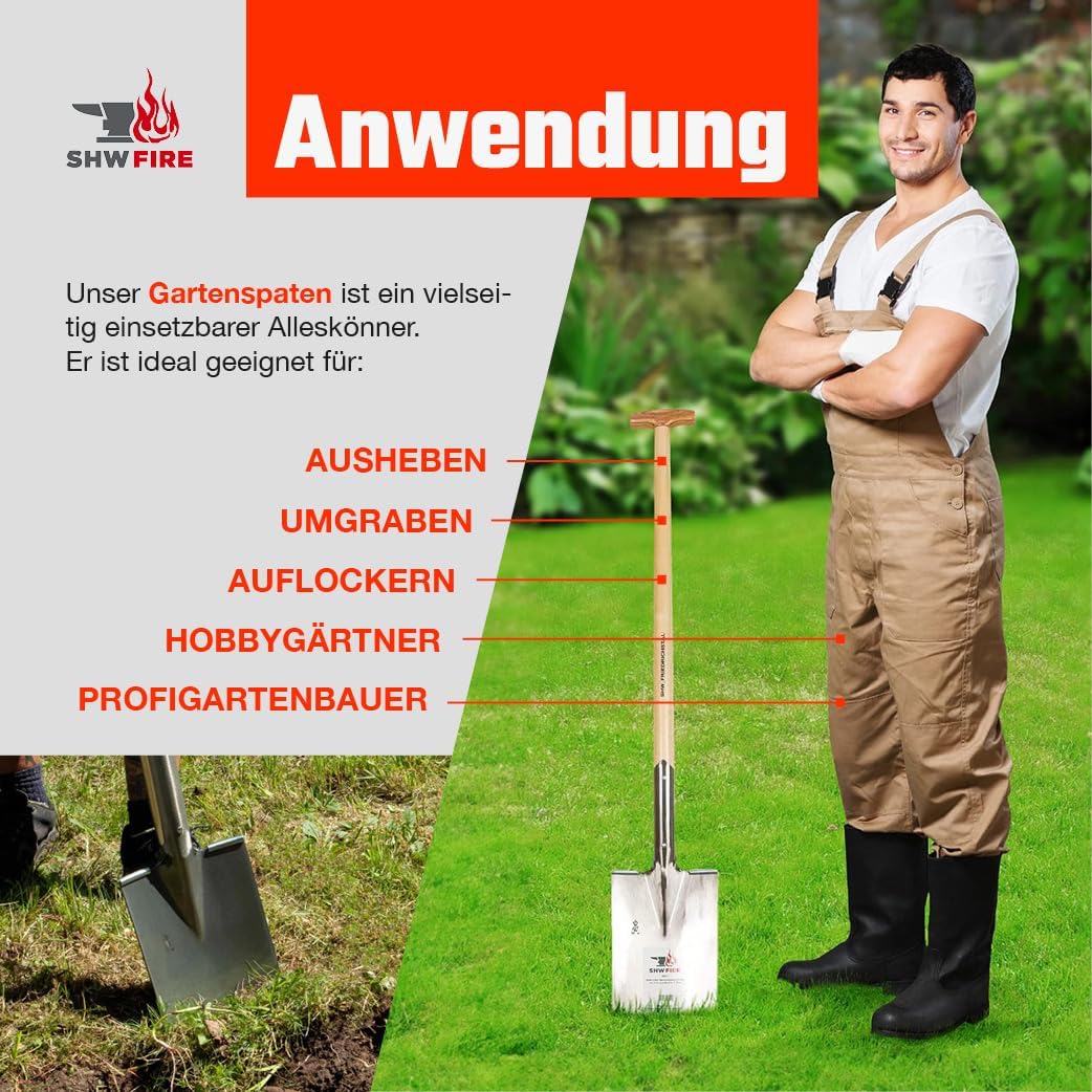 SHW-FIRE Gärtnerspaten für Harte Böden - Trittkante, 95cm Stiel mit T-Griff - robust und langlebig,