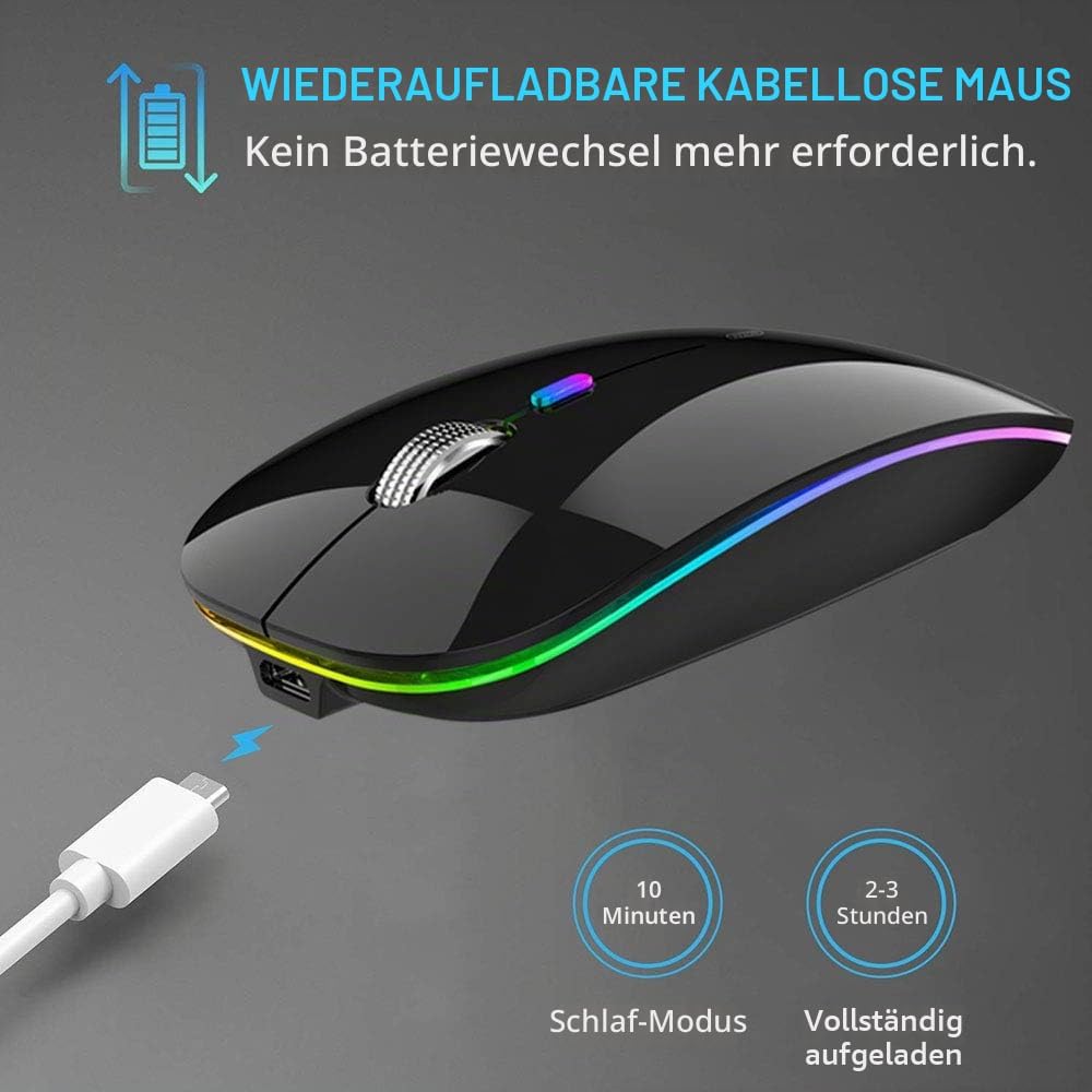 Uiosmuph Bluetooth Maus Kabellose, LED Funkmaus wiederaufladbar Leise Wireless Mouse 2.4GHz Kabellos