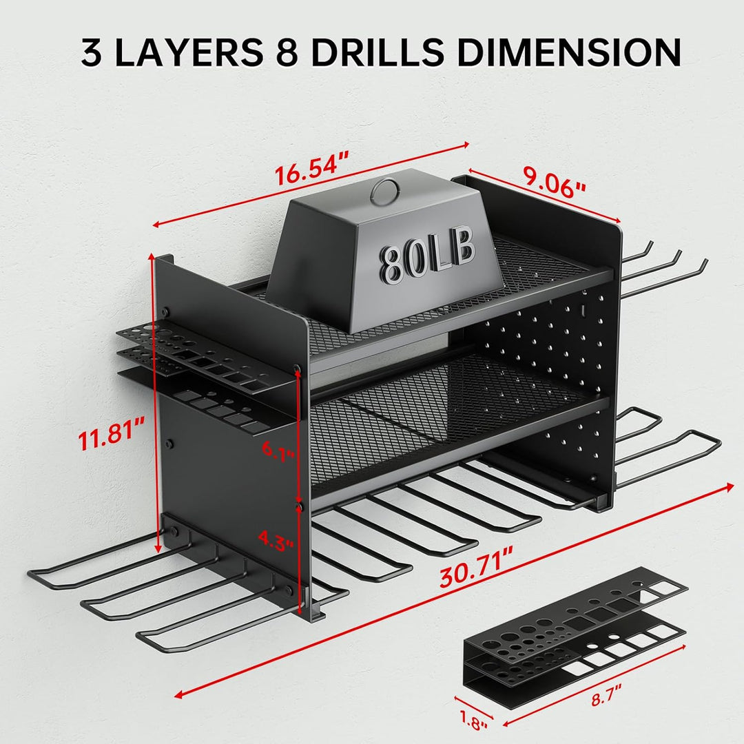 Hision Werkzeug Wandhalterung für 8 Elektrowerkzeuge, 3 Ebenen Werkzeughalterung & Schlagbohrschraub