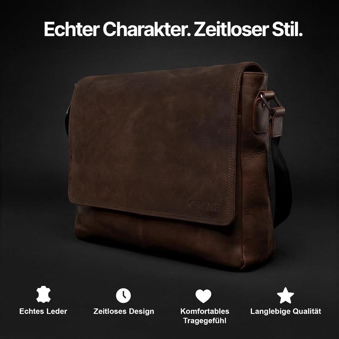 Crone Hamburg Leder Laptoptasche, Business Tasche aus Echtleder, Aktentasche, Arbeitstasche, Umhänge