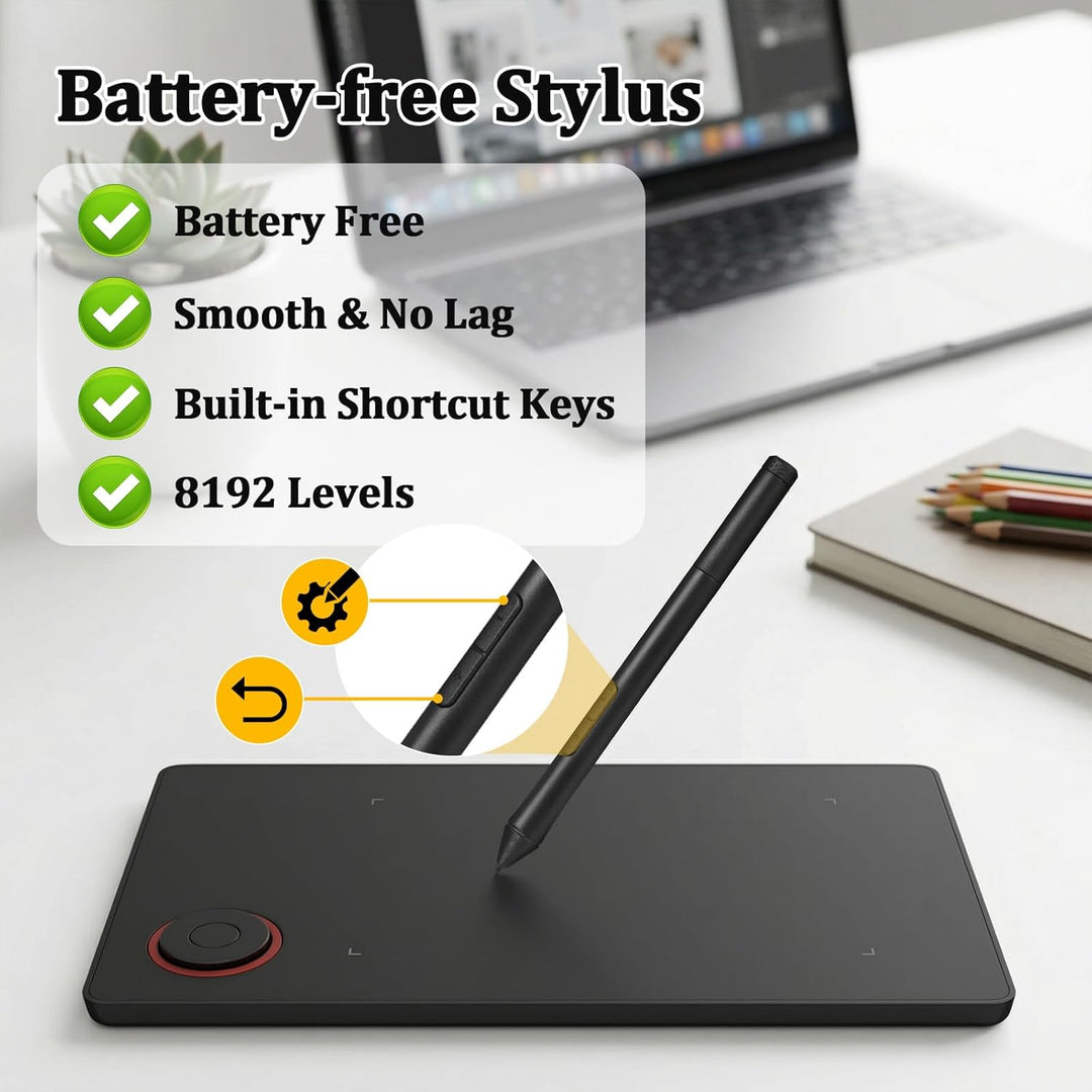 IMAGE Tragbares Grafiktablett 8,9*5,3 Zoll mit 8192 Stufen batterielosem Stift und 1 magischem Kreis