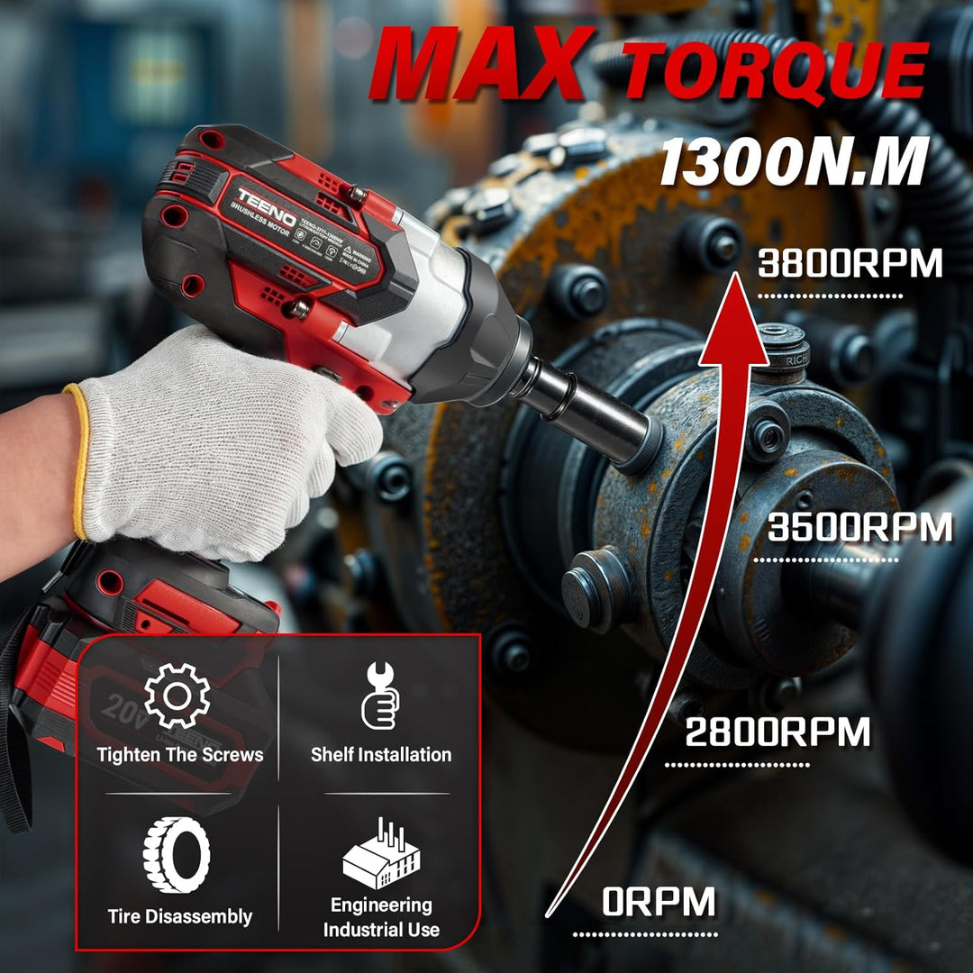 TEENO 1/2 Zoll Akku-Schlagschrauber Brushless, 1300 N·m Drehmoment, 2×4,0 Ah Akkus, inkl mit 5 Steck