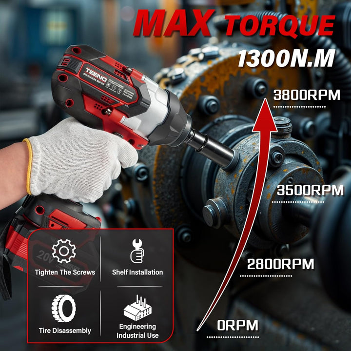 TEENO 1/2 Zoll Akku-Schlagschrauber Brushless, 1300 N·m Drehmoment, 2×4,0 Ah Akkus, inkl mit 5 Steck
