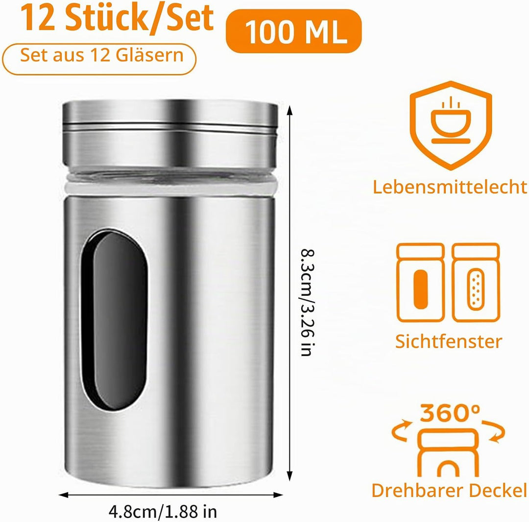 12Pcs Edelstahl Gewürzstreuer mit Deckel &amp; Sichtfenster, 100ml 3-Fach Streuregulierung Gewürzgläser