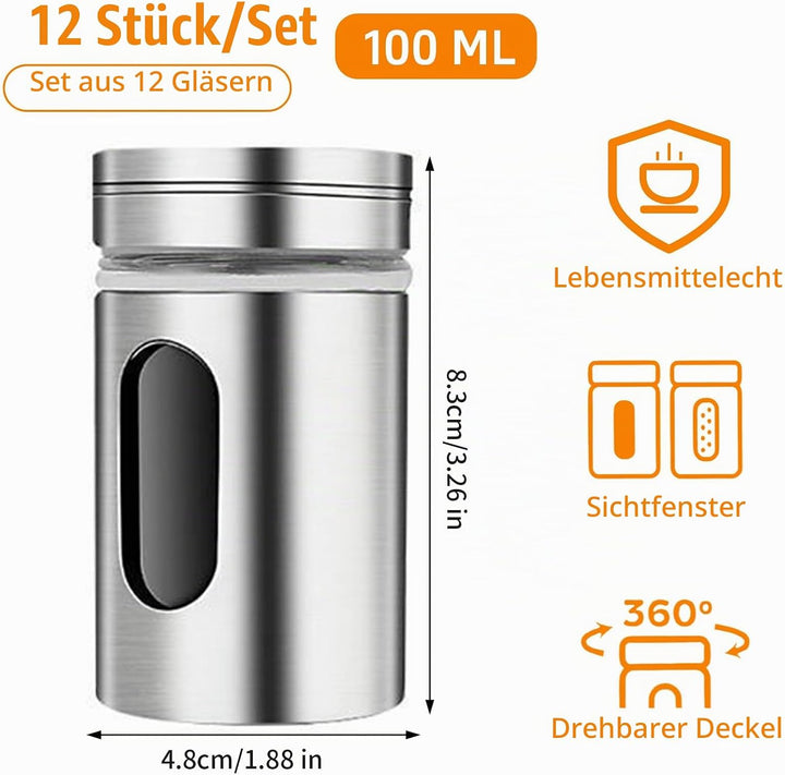 12Pcs Edelstahl Gewürzstreuer mit Deckel &amp; Sichtfenster, 100ml 3-Fach Streuregulierung Gewürzgläser