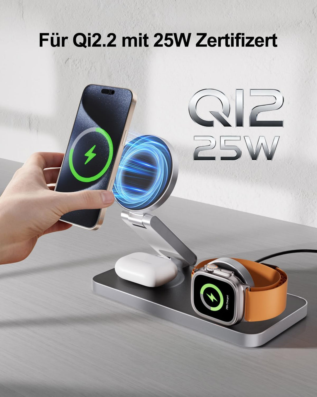 3 in 1 Ladestation mit Qi2.2 25W, Ladestation Apple Watch und iPhone Kompatibel mit Magsafe Ladestat