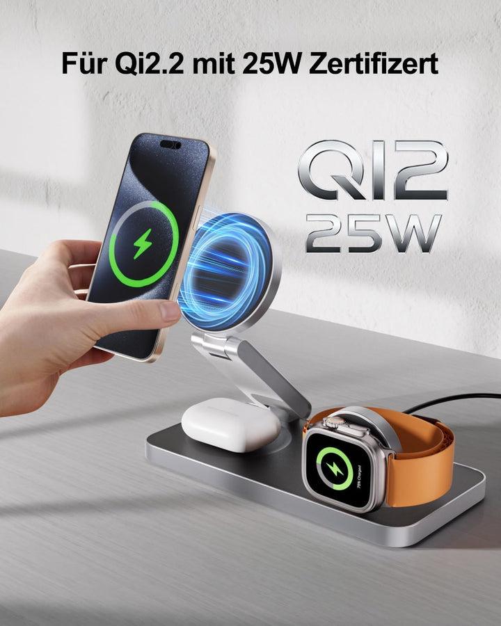 3 in 1 Ladestation mit Qi2.2 25W, Ladestation Apple Watch und iPhone Kompatibel mit Magsafe Ladestat