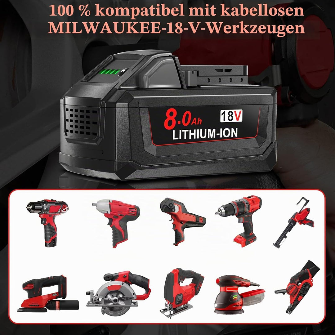 2X 18V 8.0Ah/8000mAh Ersatzakku für Milwaukee M18 + 4A Ladegerät Kompatibel für Milwaukee 18V Akku M