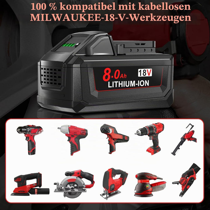 2X 18V 8.0Ah/8000mAh Ersatzakku für Milwaukee M18 + 4A Ladegerät Kompatibel für Milwaukee 18V Akku M