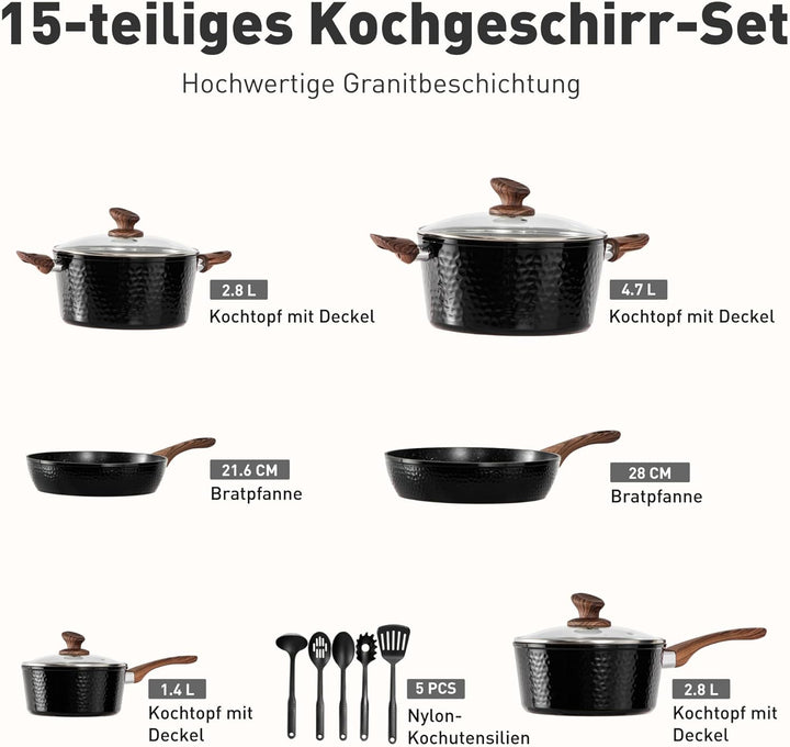 Kitchen Academy Topfset Antihaft Granit Beschichteter, Topf Induktion Schwarz Töpfe Set Pfannenset 1