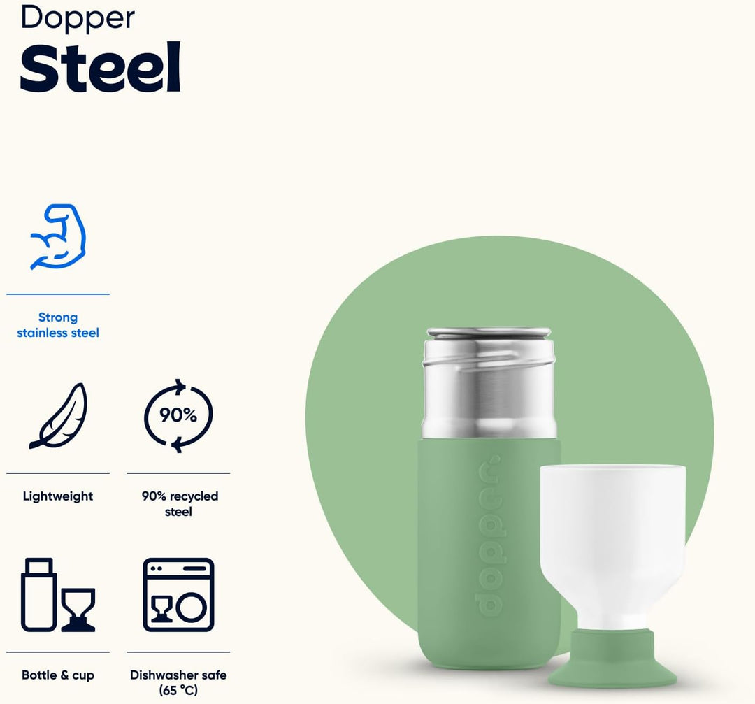 Dopper Steel Trinkflasche 350ml, 490ml, 800ml, 1.1L - Edelstahl Flasche - BPA freie Wasserflasche, 1