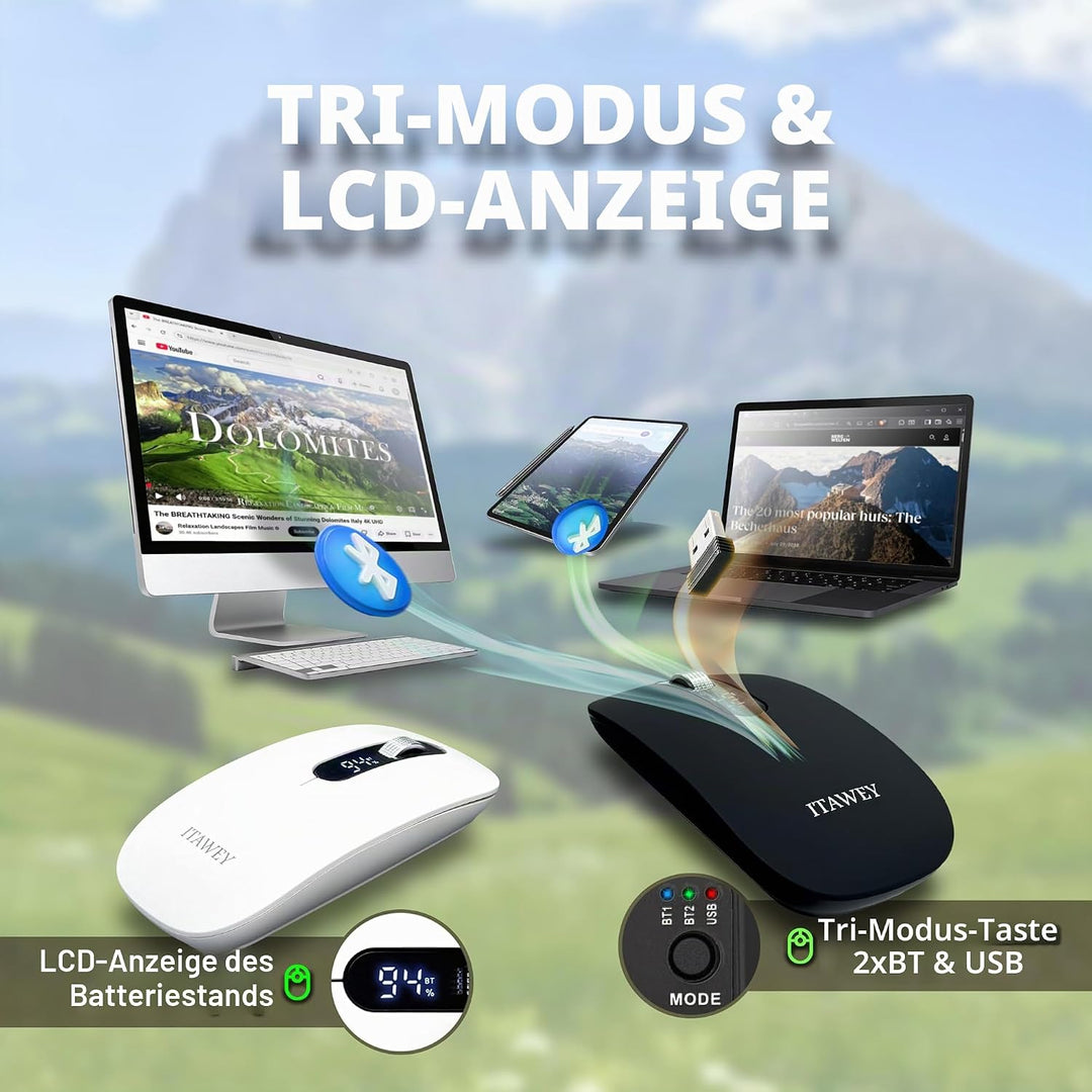 Kabellose Maus & Mauspad Set - mit LCD-Anzeige, Bluetooth & Nano USB, Tri-Modus, wiederaufladbar, le