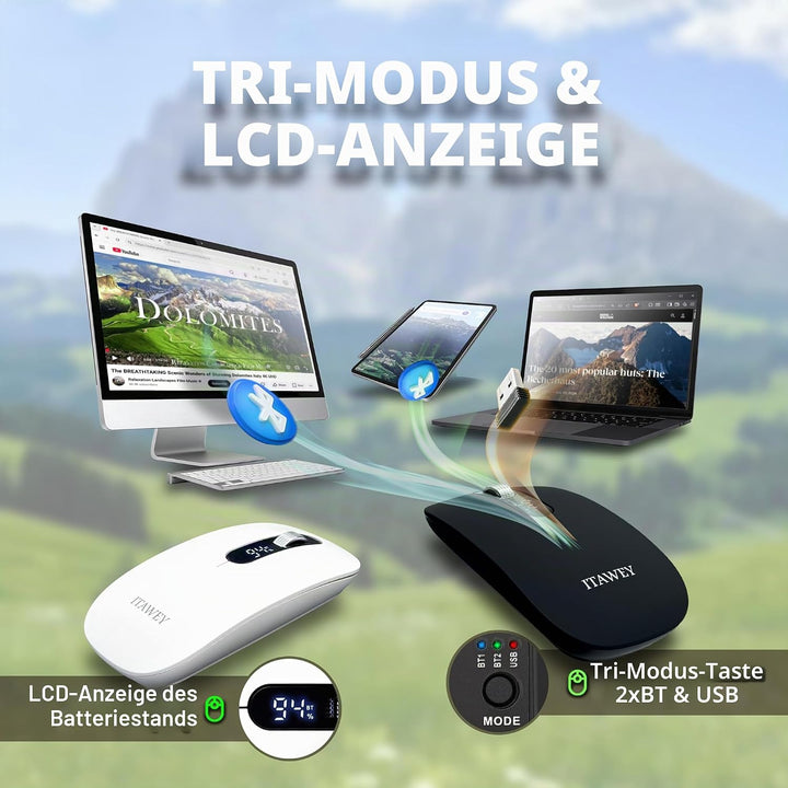 Kabellose Maus & Mauspad Set - mit LCD-Anzeige, Bluetooth & Nano USB, Tri-Modus, wiederaufladbar, le