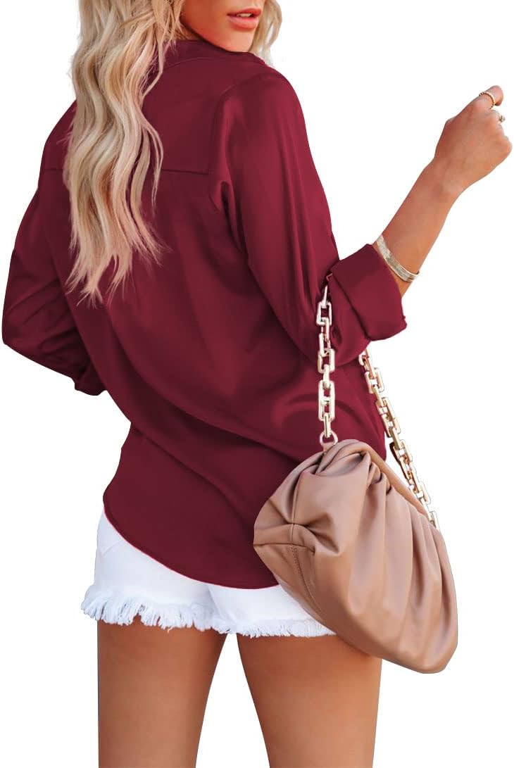 Damen Bluse Elegant V-Ausschnitt Satin Langarm Casual Oberteile Locker Hemd Einfarbig Lose Langarmsh