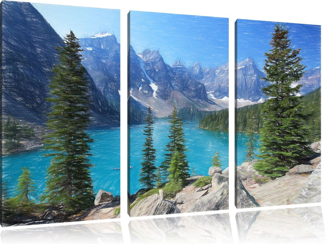 Pixxprint Moraine Lake kanadische Berge Kunst Buntstift Effekt 3-Teiler Leinwandbild 120x80 Bild auf