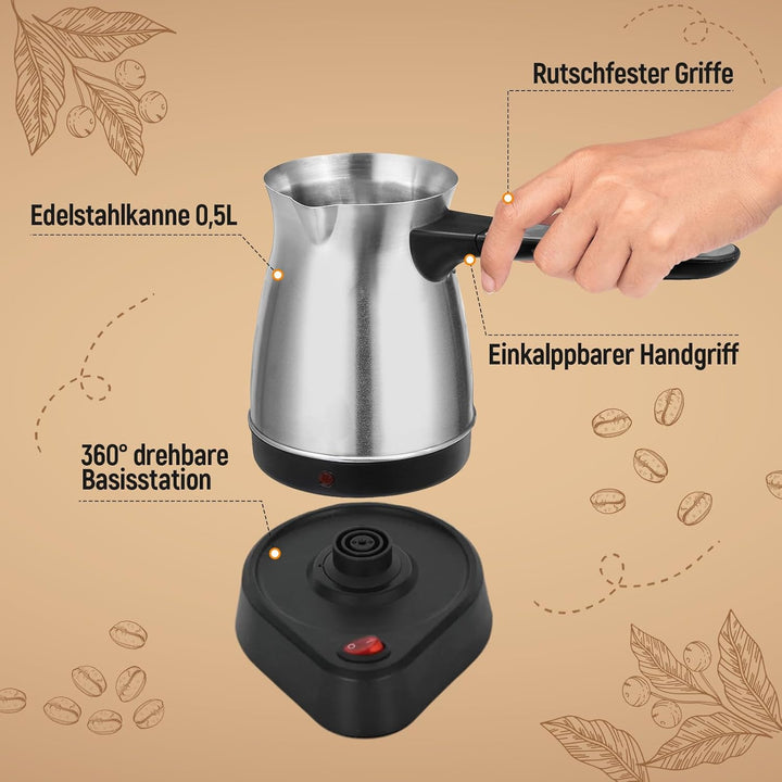 Milageto Espressokocher, 500 ml elektrische türkische Kaffeekanne, Edelstahl-Kaffeekessel, Teekessel