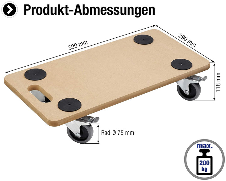 Metafranc Transportroller 590 x 290 mm - 200 kg Tragkraft - MDF-Platte - TPE-Räder / Möbelroller mit