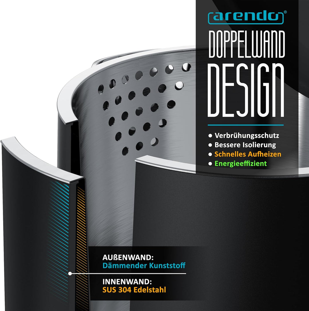 Arendo - Wasserkocher Edelstahl – 1,5 Liter - 2200 Watt – Doppelwand-Design – 360° Controller – BPA-