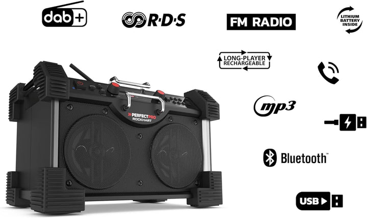 PerfectPro Baustellenradio ROCKHART, DAB+ und UKW-Empfang, Bluetooth, AUX und USB-Eingang, Inklusive