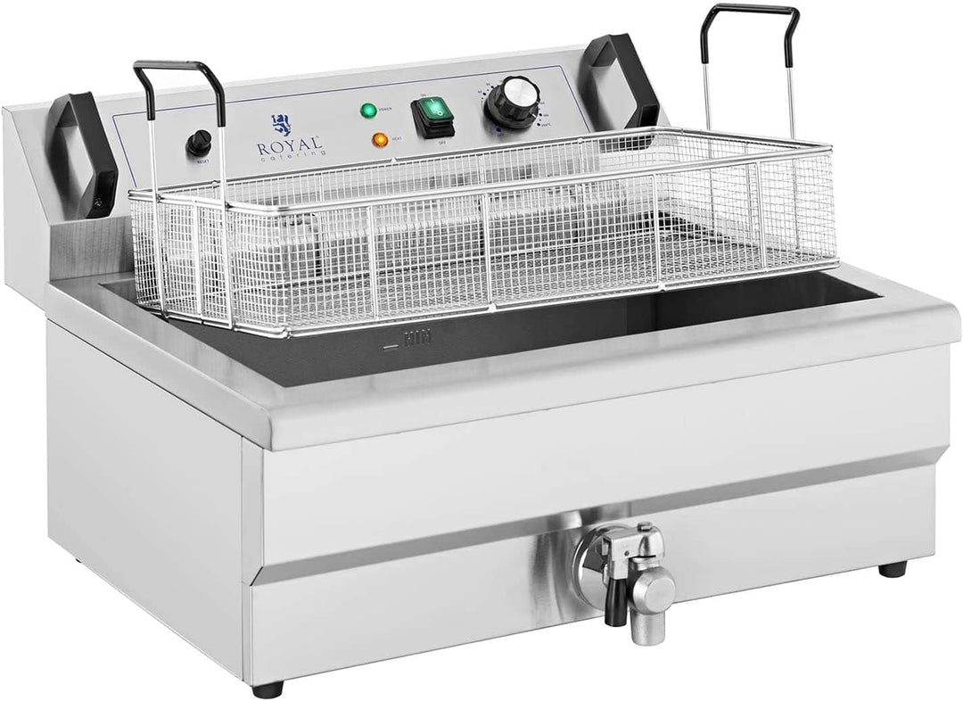 Royal Catering Elektrisches Fettbackgerät Edelstahl mit Ablage 23 L 3000 W 60-200 °C Fettablaufhahn