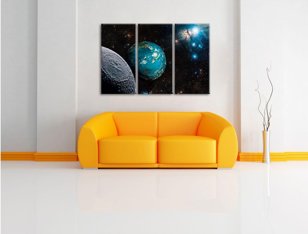Pixxprint Planet Erde im Kosmos als Leinwandbild | Grösse: 3 Teilig (120x80) | Wandbild| Kunstdruck