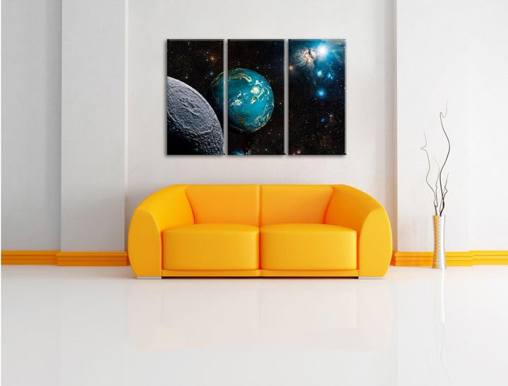 Pixxprint Planet Erde im Kosmos als Leinwandbild | Grösse: 3 Teilig (120x80) | Wandbild| Kunstdruck