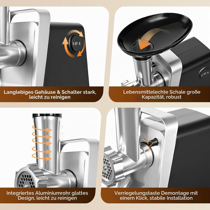 Fleischwolf Elektrisch [1000 W max] 3 in 1 Elektrischer Fleischwolf, 3 Edelstahl Lochscheiben Hackfl