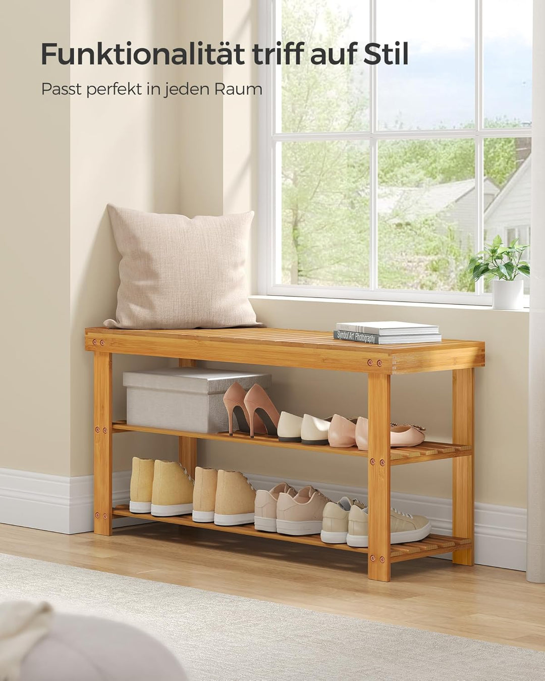 SONGMICS Bambus Schuhregal, Schuhschrank mit Sitzbank, Schuhbank mit 3 Ablagen 90 x 28 x 45 cm ideal