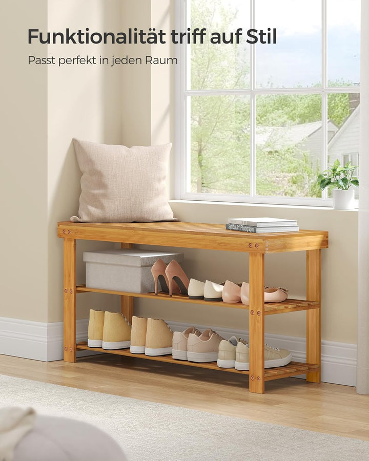 SONGMICS Bambus Schuhregal, Schuhschrank mit Sitzbank, Schuhbank mit 3 Ablagen 90 x 28 x 45 cm ideal