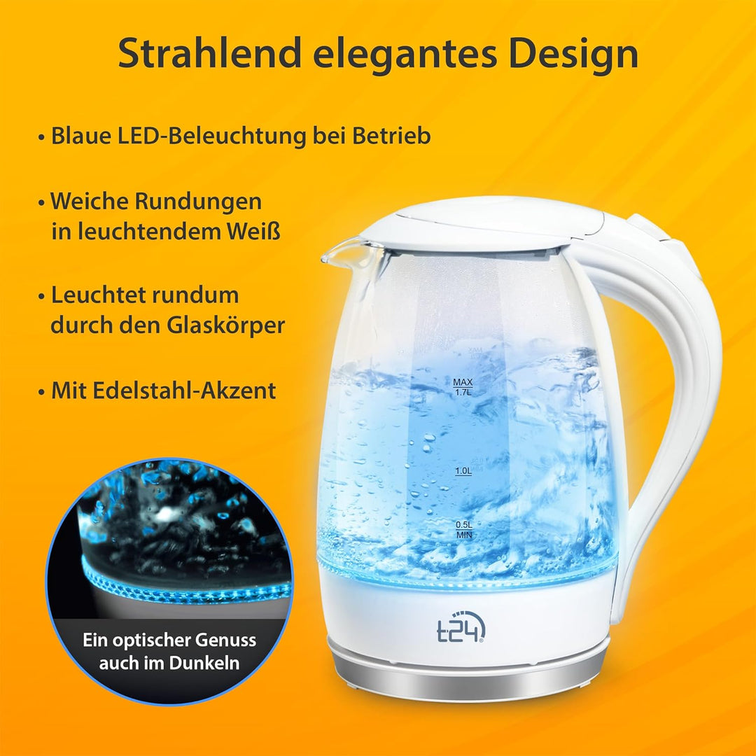 T24 LED Glas Wasserkocher 1,7 Liter mit LED-Beleuchtung, Wasserkocher Glas, Wasserkocher weiss, 2200