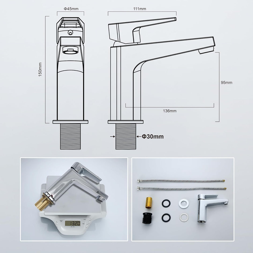 Florenta Wasserhahn Bad Messing Einhebel-Waschtischarmatur mit 50cm Anschluss, Chrom Einhandmischer
