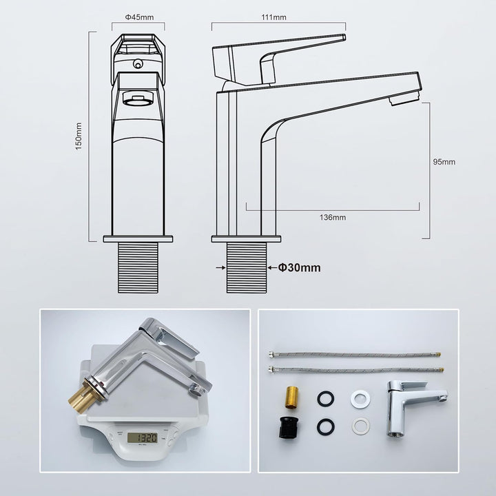 Florenta Wasserhahn Bad Messing Einhebel-Waschtischarmatur mit 50cm Anschluss, Chrom Einhandmischer