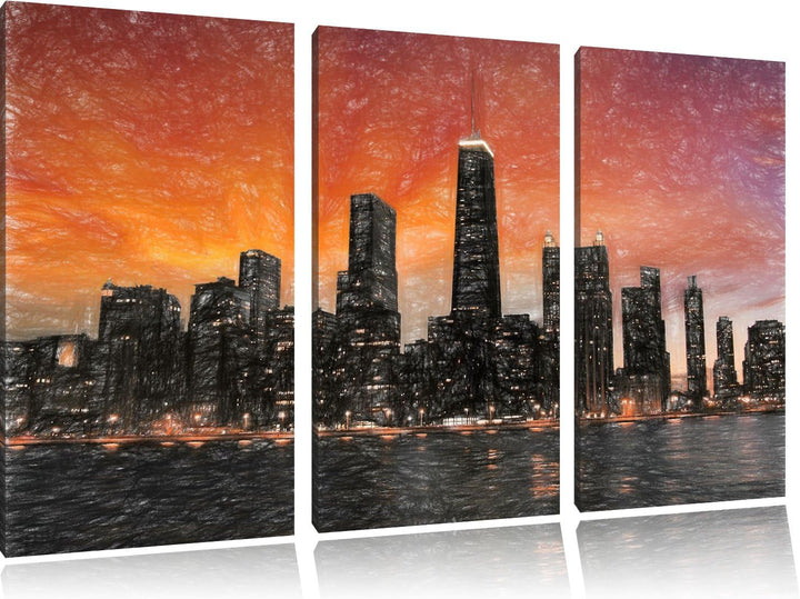 Pixxprint Chicago-Wolkenkratzer-Silhouette als Leinwandbild/Grösse: 3 Teilig (120x80) cm/Wandbild/Ku
