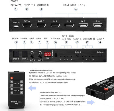 Steetek HDMI Matrix 4X2 Switch, 4K @ 60 Hz, RGB 8: 8: 8, SPDIF 5.1H, Audio EDID Extraktor, 3.5mm Ste