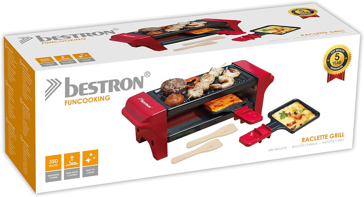 Bestron Raclette für 1 bis 2 Personen, Mini Tischgrill mit zwei Pfännchen und zwei Holzschabern, 350