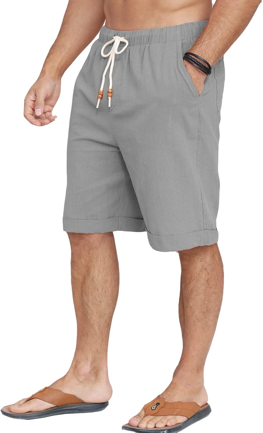 Halfword Leinenhose Herren Kurz Leinen Shorts Kordelzug Strand Freizeithose Leichte Urlaub Sommer M