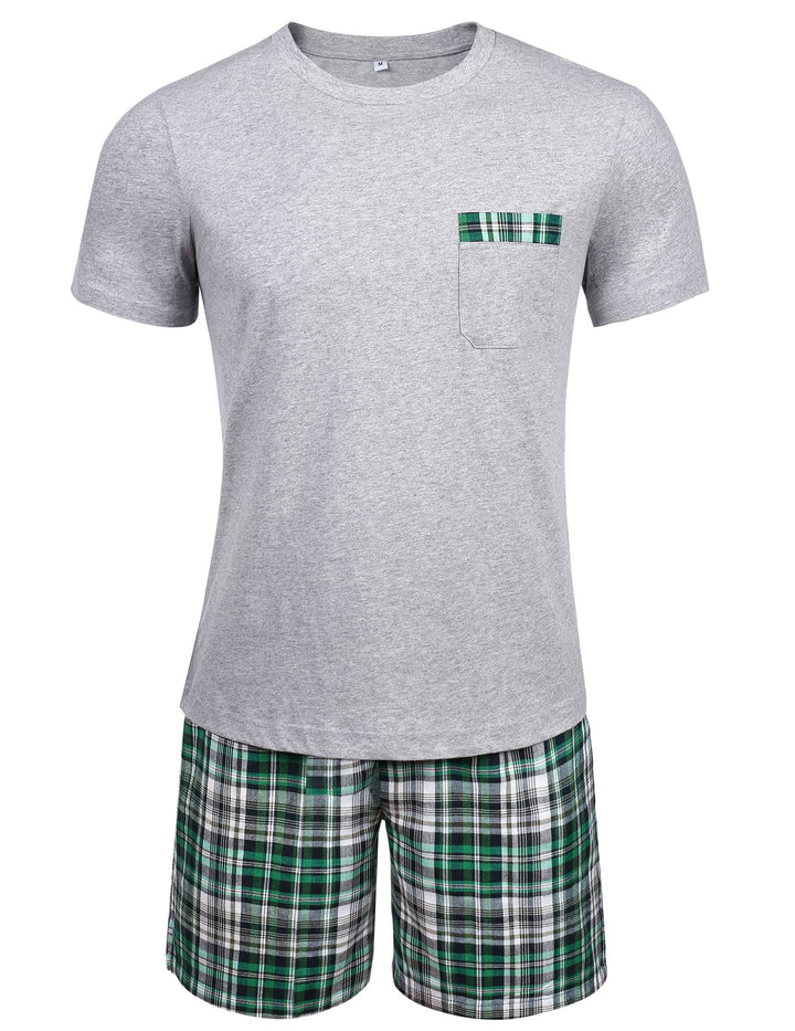 Schlafanzug Herren Kurz Pyjama 100% Baumwolle Kurzarm Nachtwäsche Nightwear Set mit Rundhals Design