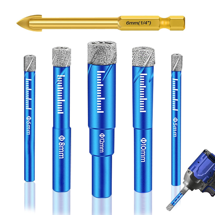 6tlg Diamantbohrer Fliesenbohrer Set 5, 6, 8, 10, 12 mm & Karbid Anbohrer 6mm Glasbohrer für Keramik
