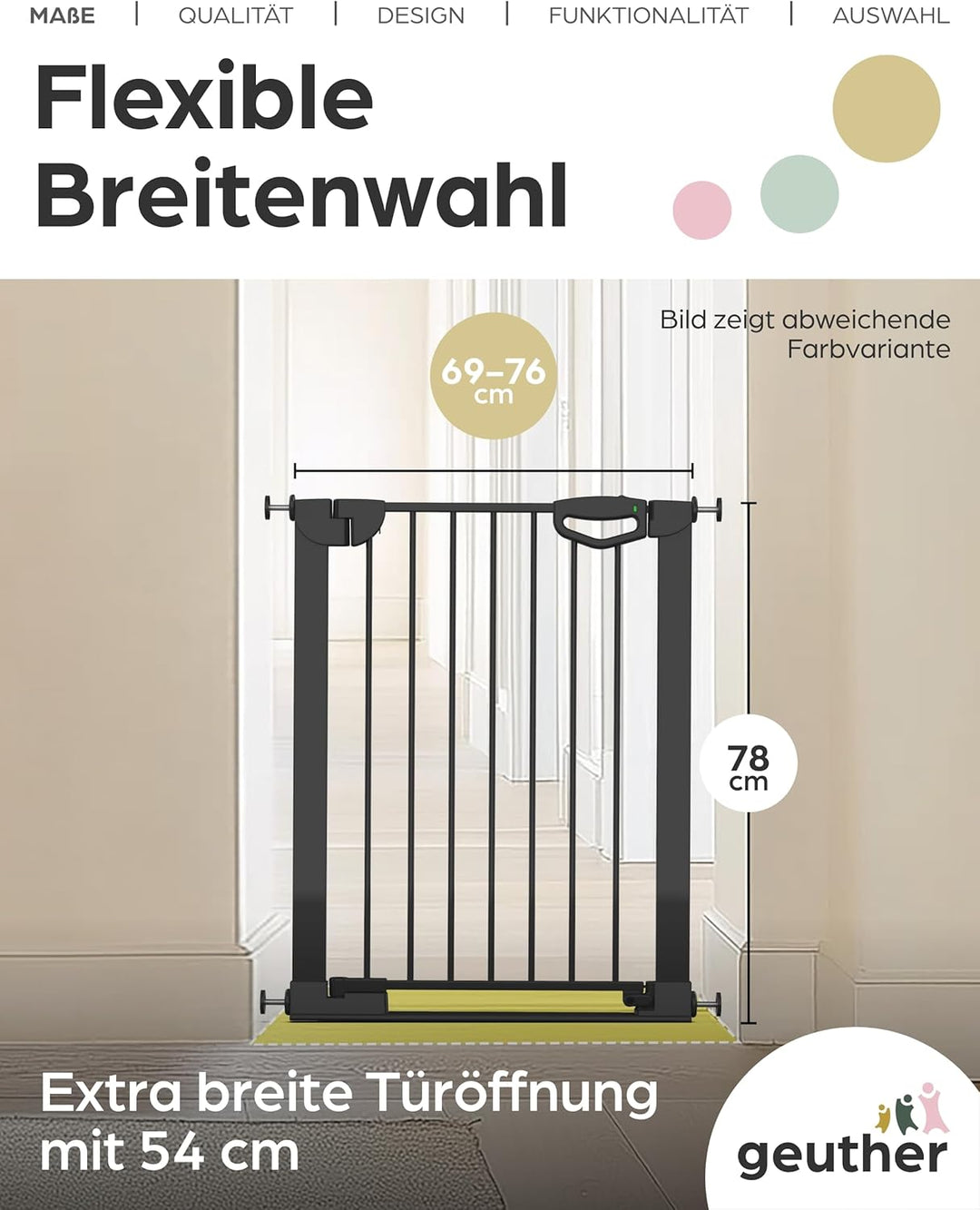 Geuther Türschutzgitter Easylock Flatstep Weiss I Treppenschutzgitter zum Klemmen oder Bohren I Brei