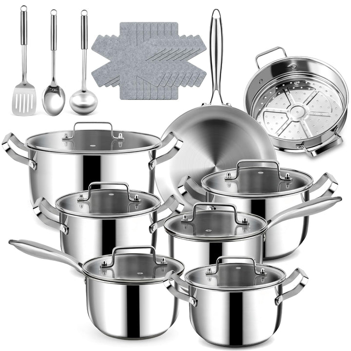 Edelstahl Topfset - 24-teilig Kochgeschirr-Set mit Glasdeckeln - 30 cm Bratpfannen & Kochtopf(18/20/