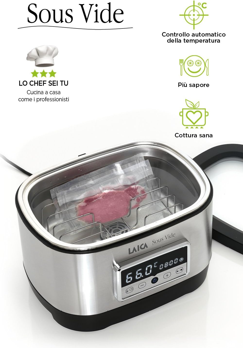 LAICA SVC200 Sous Vide Garer mit Vakuumierbeutel im Wasserbad, 700 Watt