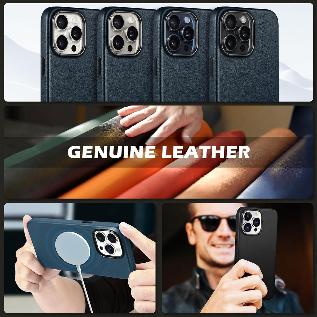 SHIELDON Hülle für iPhone 15 Pro Max Handyhülle Echt Leder Hüllen [Kabellos Laden] [Elegant Aussehen