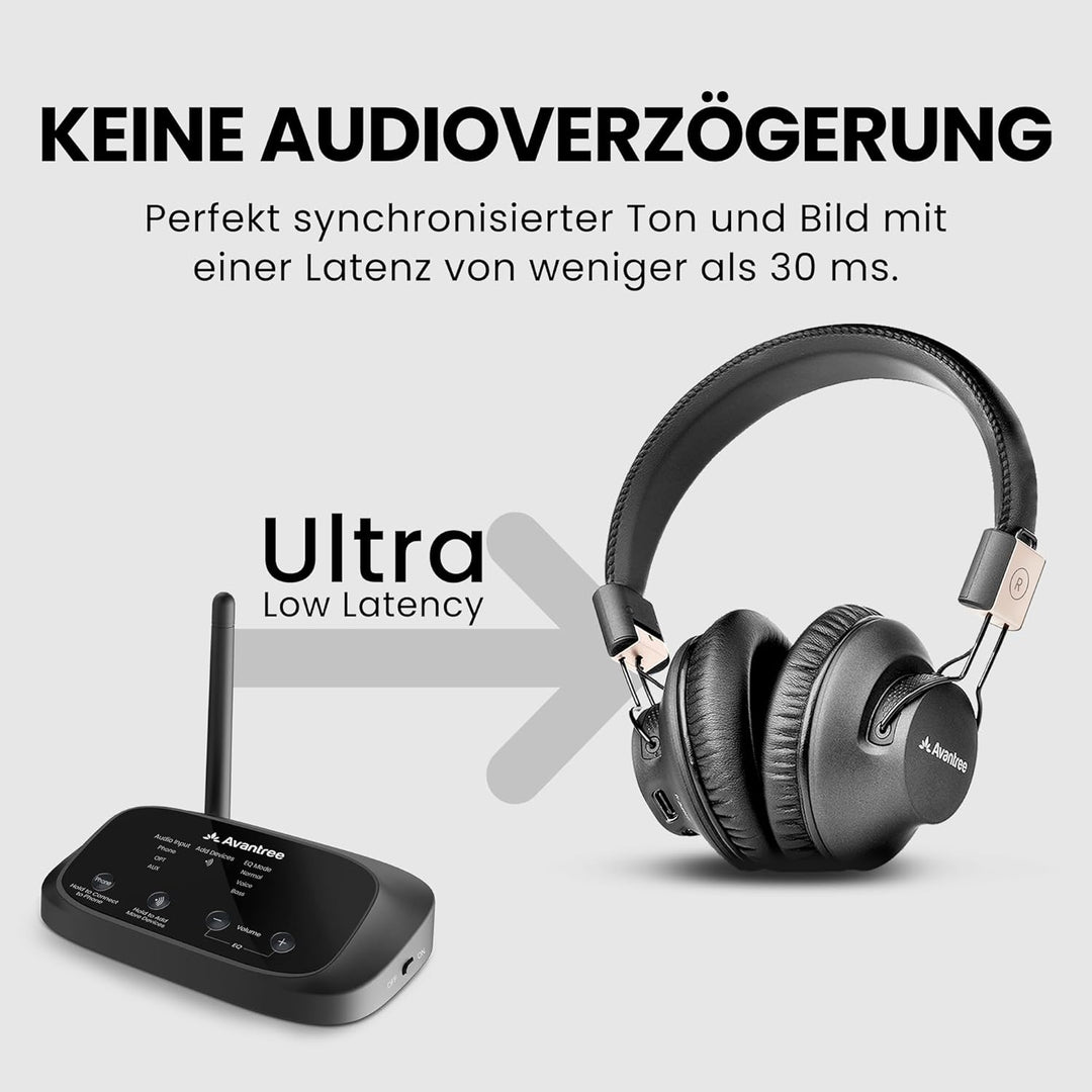 Avantree Quartet 2 – Bluetooth-kompatibles kabelloses Gruppenhörsystem mit Kopfhörern & Sender für P