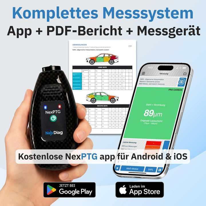 NexPTG Pro Carbon + Zertifikat Lackmessgerät Auto mit App für iOS & Android| Professionelles lackdic