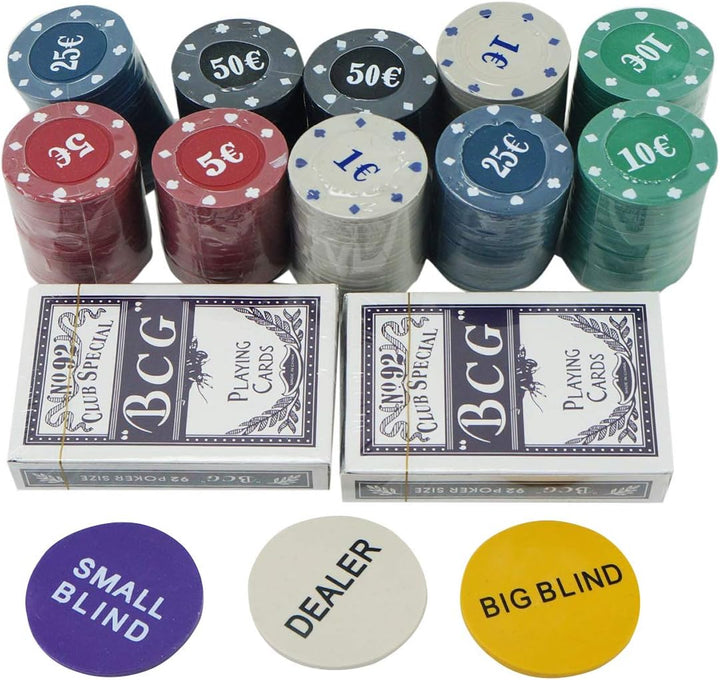 grupu fu Pokerset Metallbox, 200 Pokerchips, 2 Covers, Dealer Button, Small Blind, Big Blind, Spielm